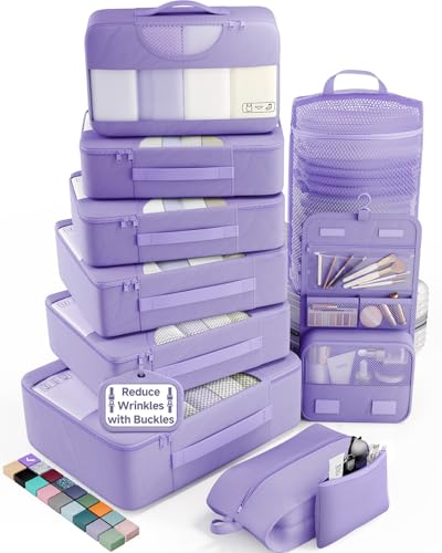 Veken 10 Set Packing Cubes for Travel Essentials,Anti-Wrinkle Buckled Suitcase Organizer for Shoe & Toiletry Bag,Carry On Luggage Bag with 99+ Count Mesh Holes for Airplane & College Dorm Accessories - color: 06 Attractive Purple