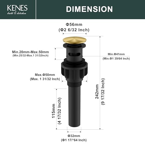 KENES Brushed Gold Pop Up Bathroom Sink Drain with Overflow, Bathroom Sink Drain Assembly with Strainer Pop Up Drain, Lavatory Bathroom Vanity Sink Pop Up Drain Stopper - color: Brushed Gold, size: Big Pop up Cap (With Overflow)