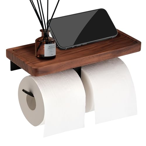 Double Toilet Paper Holder with Walnut Wood Shelf - Wall Mount & Self-Adhesive Bathroom Tissue Roll Holder, Black Stainless Steel with Walnut Shelf for Phone - Home Apartment Restroom - color: Walnut & Matte Black Double Hooks