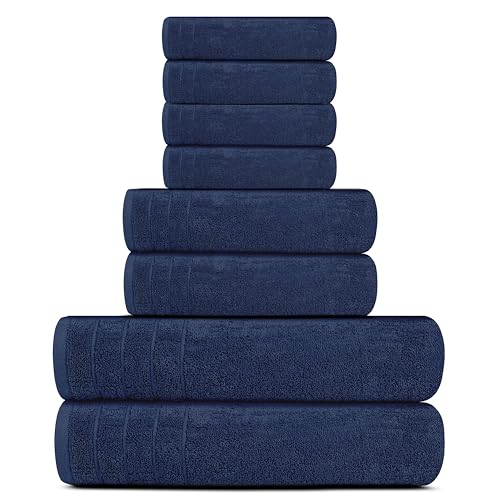 Tens Towels Pack of 8 Towels Set, 2 Extra Large Bath, 2 Hand, 4 Washcloths, 100% Cotton, Lighter Weight, Quicker to Dry, Super Absorbent, Perfect for Bathroom, Navy - color: Navy