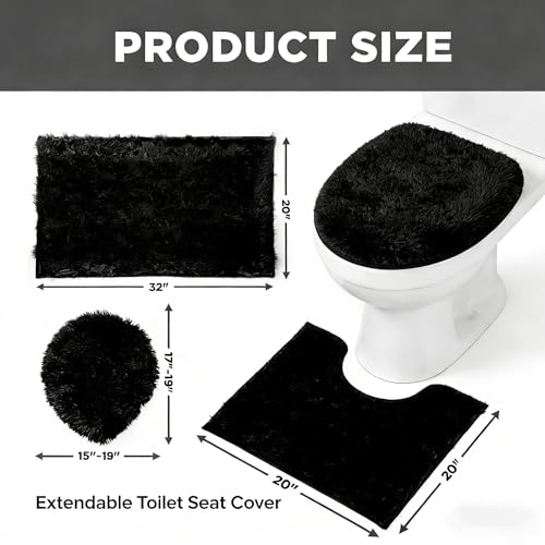 RUN HELIX Black Bathroom Rugs Sets 3 Piece Shaggy Bath Mat Non-Slip Mats Water Absorbent Bath Rug Floor Mats Soft Washable Shower Rug with U-Shaped Contour Rug Toilet Lid Cover Home Decor Accessories - color: Black