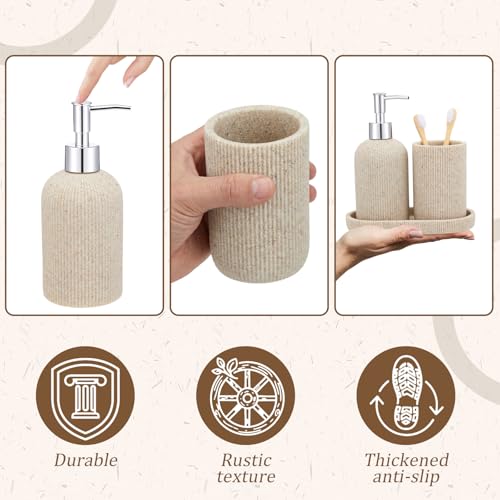 Beige 3 Pcs Toothbrush Holder, Soap Dispenser and Toothbrush Holder, Stripes Decorative Tray Set, Vanity Tray for Bathroom, Frosted Farmhouse Decor