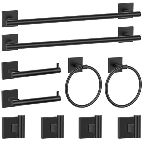 Matte Black Bathroom Hardware Accessories Towel Bar Set, 10 Pieces Bathroom Towel Bar Holder Set, 23.6 Inch Stainless Steel Toilet Paper Holder Towel Racks for Bathroom Wall Mounted - color: Matte Black, size: 10pieces A
