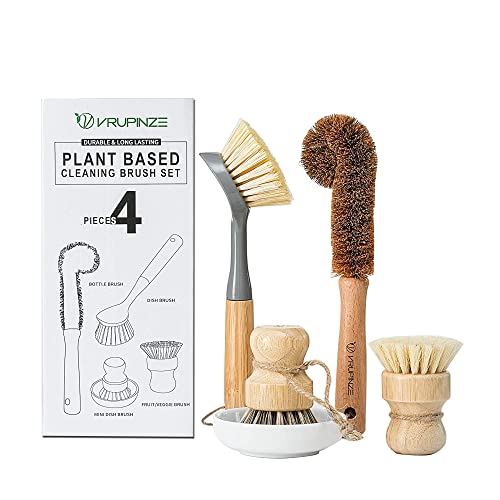 Natural Bamboo Dish Brush Bottle Scrub Brush 4-Piece Set, with Ceramic Soap Dispenser - Wooden Washing Up Brushes with Sturdy Handles for Cleaning Dishes, Pots, Pans, Gift Kit
