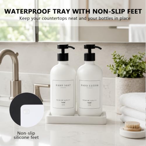Kitchen Soap Dispenser - Hand and Dish Soap Dispenser Set, Bathroom Glass Soap and Lotion Dispenser with Pump, Tray, 14 Waterproof Labels, Set of 2 White Bottle/Black Pump-pd - color: White Bottle/Black Pump + Tray