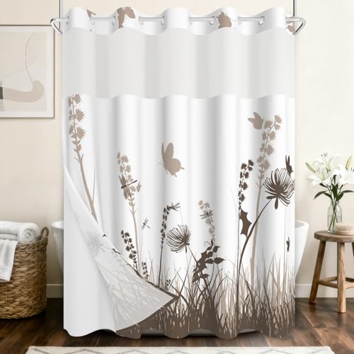 No Hook Shower Curtain with Snap in Liner Set, Neutral Meadow & Wildflower with Butterflies Print Shower Curtains for Modern Farmhouse Bathroom, Floral Bath Curtain with Mesh Top, 71x74 Inch - color: Brown Botanical