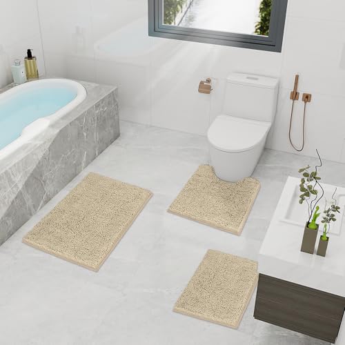 TREETONE Bathroom Rugs Sets, Thick Soft Absorbent 3 Piece Chenille Bath Rugs, Non-Slip, Dry Quickly, Machine Washable, Shaggy Mats with U-Shaped Toilet Rug for Bathroom Floor, Tub and Shower, Beige - color: Beige, size: 16"x24"+20"x32"+U Shape 20"x20"