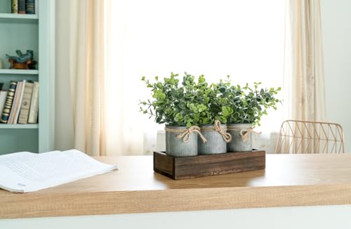 Dahey Fake Eucalyptus Plants Farmhouse Table Centerpieces for Dining Room | Set of 3 Galvanized Pots, Brown Wood Tray, For Bathroom Coffee Kitchen Entryway Living Room Decor, No Maintenance Required