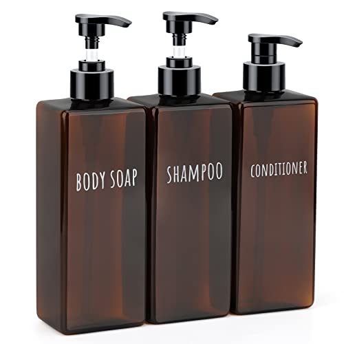 Segbeauty 16.9oz Lotion Dispenser, 3pcs Refillable Square Shampoo Bottles with Pump, 500ml Empty Plastic Bathroom Shower Bottles Liquid Soap Container Body Wash Dispenser for Home Hotel Travel Amber - color: Dark Amber, style: Black Pump