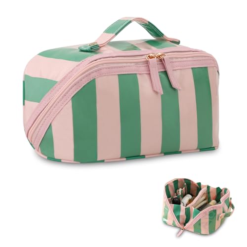 DYSHAYEN Stripe Travel Makeup Bag with Compartments Clear Coated Cosmetic Bag for Women, Waterproof Portable Open Flat Toiletry bag （Pink-Green） - color: Pink-Green