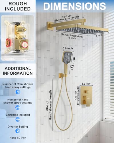 Shower System 13-Inch Rainfall Shower Head - 3 Setting Handheld Sprayer, Complete Bathroom Set with Faucet Mixer Trim Kit & Valve Brushed Gold - color: Brushed Gold, size: 13''