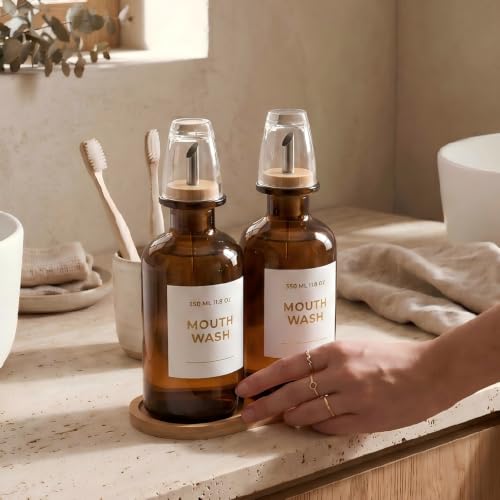 11.8OZ Glass Mouthwash Dispenser for Bathroom with Stainless Steel & Bamboo Nozzle, Mouthwash Cup Reusable, Bamboo Tray, and Elegant Gold Sticker.Set of 2（Amber - color: Amber/350*2