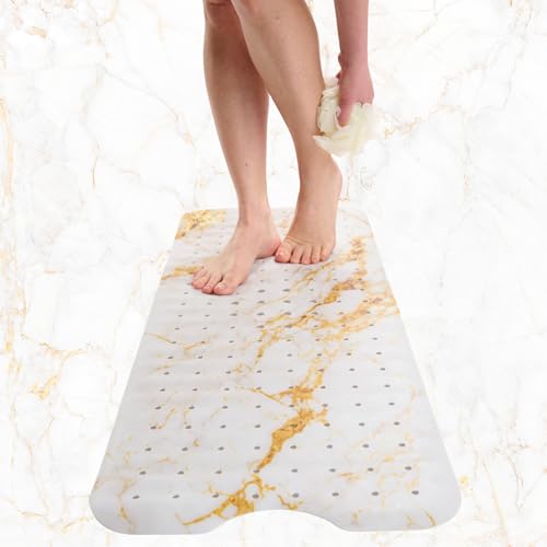ENKOSI Bath Mat – Large 40 x 16 Inch Non-Slip Bathtub Mat with Secure Suction Cups & Drain Holes – Extra Long Bathroom Shower Mat for Tub with Marble Gold Design (40x16 Marble Gold) - color: Marble White Gold