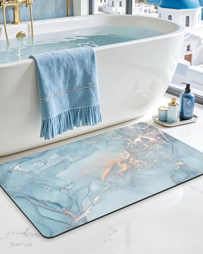 DEXI Bathroom Mat Ultra Thin, Non Slip Bath Rug for Shower Floor, Absorbent Quick Dry Marble Bathmats Low Profile, 32x17, Blue - color: Blue, size: 32" X 17" (Rectangular)