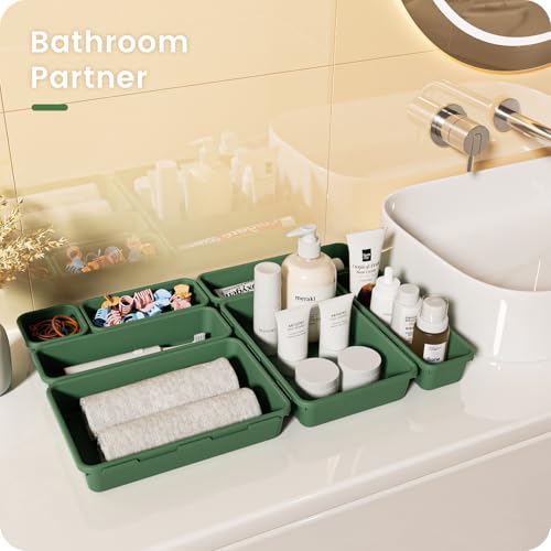 【Military Grade】A-LuGei Drawer Organizer,【𝟱𝗦𝗶𝘇𝗲】Makeup organizer,【Holds 177 Items】Bathroom Organizers and Storage,Organization and Storage,Desk Drawer Organizer for Vanity【Green】 - color: Green
