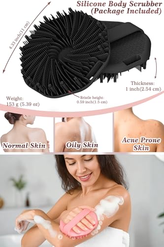 ManmiHealth 5 PCS Silicone Body Scrubber Shower Brush, Upgrade Super-Exfoliating Shower Scrubber with Non-Slip Hand Strap, Silicone Body Buffer Shower Mitt with Soap Bag Set(Black+Pink)