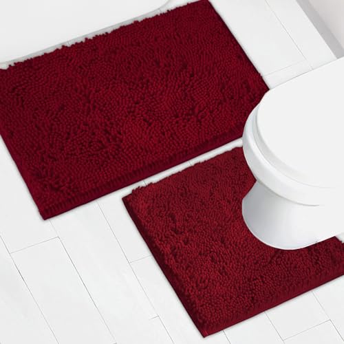 Bathroom Rugs Chenille Bath mat 2 Piece Set, Super Absorbent, Strong PVC Non Slip Backing, Bath mats for Bathroom, Plush Shaggy, Thick, Machine Washable, Bathtub, Toilet.(Burgundy) - color: Burgundy, size: 20''×20''U-Shape+20''×32''