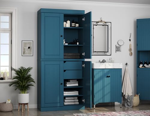 Palace Imports Solid Wood Tall Bathroom Pantry Cabinet with 4 Wooden Doors & Adjustable Shelves, Teal Blue - 100% Eco-Friendly, Renewable, Space-Saving Storage, 71.5" H x 32" W, Made in Brazil - color: Teal Blue