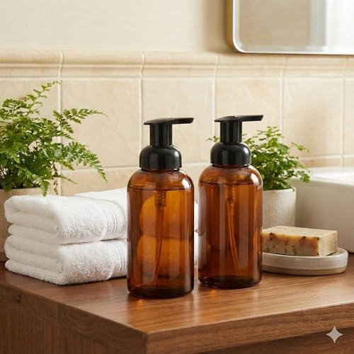 2 Pack Amber Glass Jar Soap Dispenser with Foaming Pump, 13 Ounce Amber Round Bottles Dispenser with Foaming Pump
