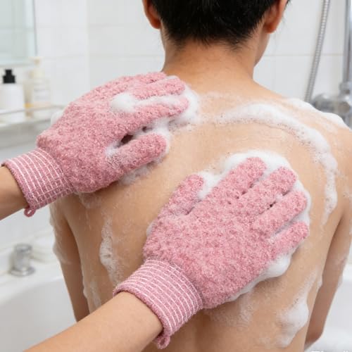 Exfoliating Bath Gloves 2 Pairs - Heavy Texture Body Scrub Gloves for Shower, Spa, Massage and Body Scrubs, Dead Skin Remover, Washing Gloves with Hanging Loop(Light Pink) - color: Pink2