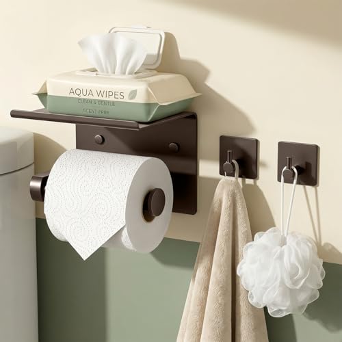 Tindbea Toilet Paper Holder with Phone Shelf + Towel Robe Hooks, Adhesive or Screw Wall Mounted Toilet Paper Roll Storage Dispenser, Stainless Steel Bathroom Tissue Roll Holder (Bronze) - color: Bronze, size: Regular