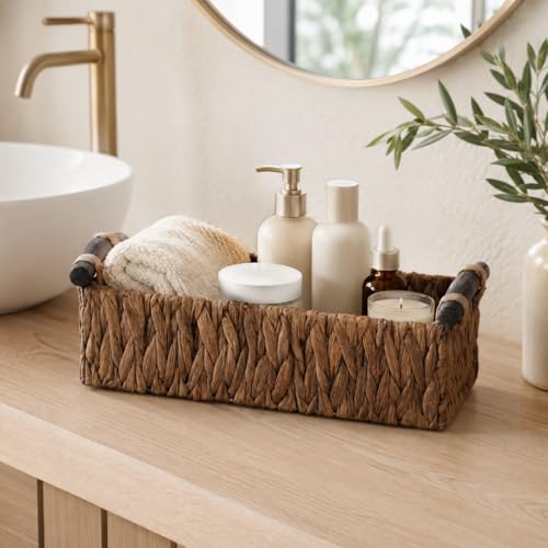 Water Hyacinth Toilet Tank Basket – Wicker Toilet Paper Storage Basket for Back of Toilet, Bathroom Counter Organizer with Wooden Handles, Brown - color: Brown