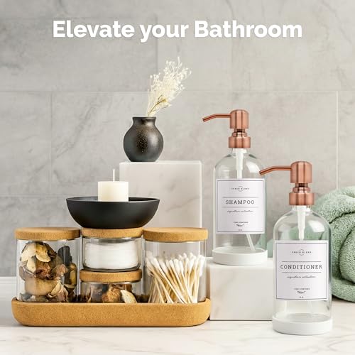 Vine Creations Clear Glass Soap Dispenser, 2 Pack Kitchen Soap Dispenser Set with Stainless Steel Pump, 16 oz Dish Soap and Hand Soap Dispensers for Bathroom with Waterproof Labels - color: Clear Bottle / Copper Pump
