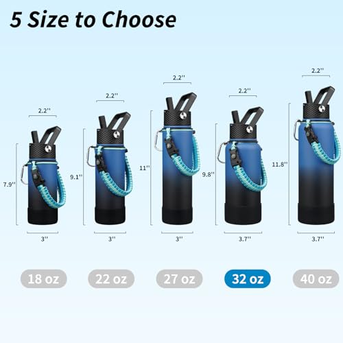 BJPKPK 32oz Insulated Water Bottles with 3 Lids, Paracord Handle & Non-slip Boot, Stainless Steel Metal Water Bottle,Reusable BPA Free Thermal Flasks, Tumblers, Blue Black - color: Blue/Black, size: 32 Ounces