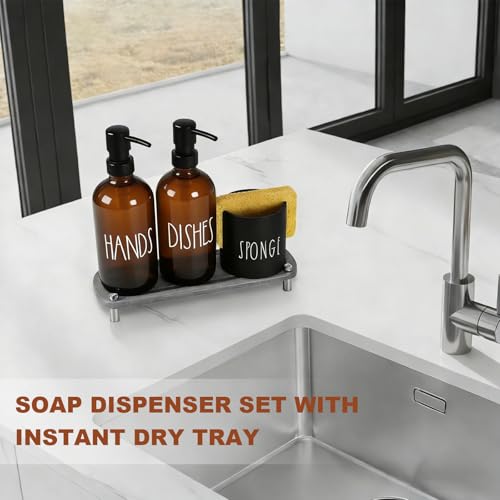 Hand and Dish Soap Dispenser Set, Kitchen Soap Dispenser Set with Sponge Holder, 16.9oz Amber Glass Dispenser, Waterproof Labels, Instant Dry Tray|Upgrade for Your Kitchen and Bathroom