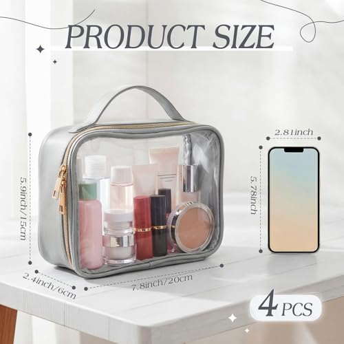 Abbylike 4 Pcs Clear Makeup Bags with Handles Tsa Approved Toiletry Bag with Zipper PU Leather Quart Size Clear Cosmetic Pouch for Travel Women Men Airport Compliant Bags(Gray-blue Color Palette) - color: Gray-blue Color Palette