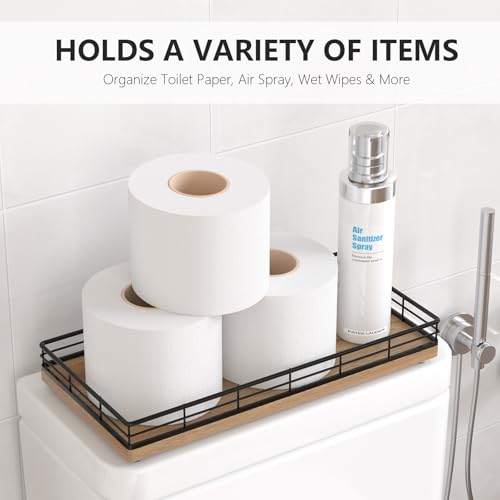Toilet Paper Basket Organizer, Acacia Wood Toilet Tank Tray, Metal Frame | Bathroom Counter Top Storage for Toilet Paper, Wipes & Decor, Modern Narrow Back of Tank Shelf Organizer, Black & Acacia - color: Black & Acacia, size: 13" x 6.5" x 2"