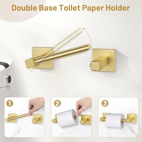 Lairuier 5 Pieces Bathroom Hardware Set Brushed Gold Towel Bar Set Includes 23.6” Towel Bar, Towel Ring Holder, Toilet Paper Holder and Two Towel Hooks, Bathroom Accessories Set SUS304 Wall Mounted - color: Brushed Gold, size: 5 Pieces - Double Base
