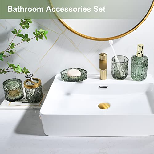 LaMarriti Green Bathroom Accessories Set, 6 Pcs Clear Glass Bathroom Set, Soap Dispenser, Soap Dish, Toothbrush Holder, Tumbler, Q-Tips Holder for Vintage Crystal Bathroom Decor, Gift Set - style: Green