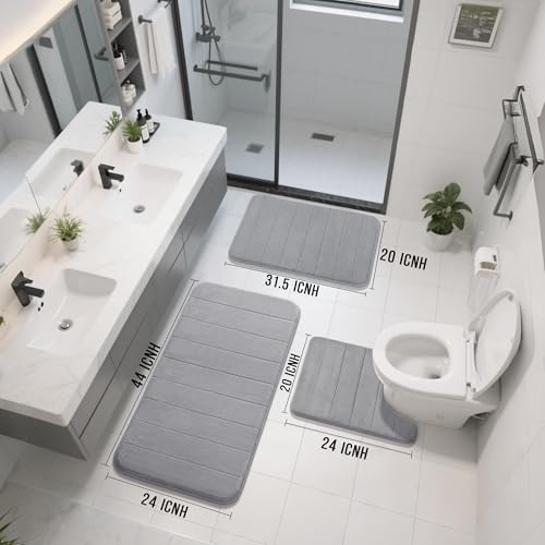 Yimobra 3 Pieces Memory Foam Bath Mat Set with U-Shaped Toilet Rug - Non Slip Super Soft Absorbent Quick Dry Bathroom Rugs for Bathtub, Vanity & Toilet Base, Gray - color: Grey, size: 44''x24'' + 31.5''x20'' + 24''x20''