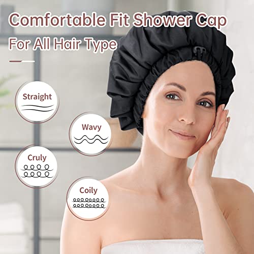 Luxury Shower Cap for Women, Waterproof Reusable Shower Caps Double Layers Microfiber Terry Lined with Dry Hair Function, Extra Large for Long Hair, Adjustable for Most Heads Size