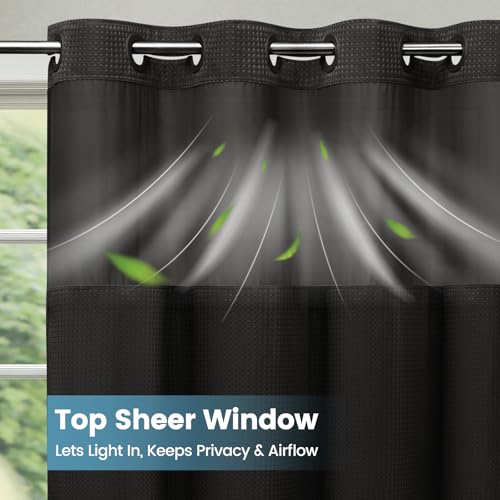 SORTTO No Hook Shower Curtain with Snap in Liner Set Waffle Shower Curtain for Bathroom Hotel Style Fabric Waterproof Inner Liner，71" W x 74" H, Black - color: A - Black, size: 71"W x 74"L (Pack of 1)