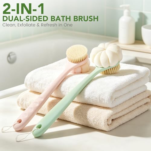 Back Scrubber for Shower, 15.7" Loofah with Handle, Back Shower Brush with Bristles and Loofah, Dry Brushing Body Brush for Cleanse Back and Hard to Reach Areas with Curved Long Handle - color: Light Green