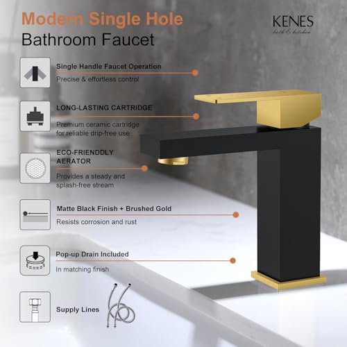 KENES Single Handle Bathroom Sink Faucet, Black and Gold Bathroom Faucets Single Hole, Vanity Faucet with Pop Up Drain and Supply Lines, Matte Black/Brushed Gold LJ-9031-BG - color: Black & Gold, size: Short