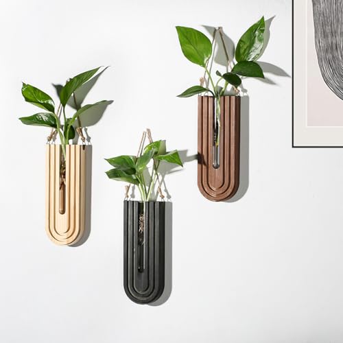 Dnnnii Indoor Wood Wall Planter Set of 3 for Plants - Boho Handmade Hanging Propagation Station with Curved Rainbow Design, Wall Mounted Vase for Flowers, Natural Home Decor Living Room Entryway - color: Black + Brown + Dark Brown