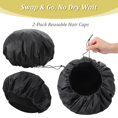 2-Pack Waterproof Shower Cap with 2 Hair Protection Bonnets - 13.4" Adjustable Terry Lined Bath Cap for Long Hair, Braids, Locs, Men & Women, Reusable Polyester Double Layer