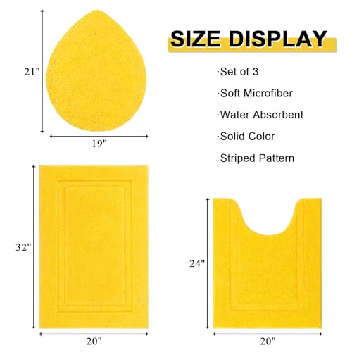 SHACOS Bathroom Rugs Set with Toilet Lid Cover | 20"x32" Bath Mats 19"x21" Toilet Lid Cover 20"x24" U Shape Contour Mat Extra Soft Absorbent Non Slip Bathroom Carpet (Yellow) - color: Yellow, size: 20"x32"+U-Shape 20"x24"+Lid Cover 19"x21"