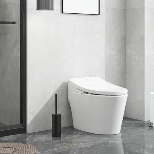 304 Stainless Steel Toilet Bowl Brush and Holder Set, Circular Floor Toilet Brush Holder, Long Handle, Bathroom Heavy-Duty Cleaner, High-End Cylinder Wall, 2 Brush Head (Black) YIGUANXIN - color: H-black