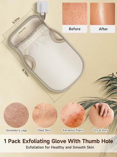 Exfoliating Glove (Original) Machine Washable Newly Upgraded With Thumb Holes Korean Body Scrubber 100% Vegan Viscose Exfoliating Mitt for Dead Skin Removal, Keratosis Pilaris & Self-Tan Prep - color: 1Pack-Beige