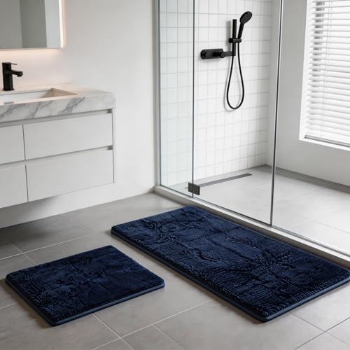 RUN HELIX Bath Rugs Non Slip Washable 2 Piece Non Slip Extra Absorbent Shaggy Chenille Bathroom Rugs and Mats Sets - color: Deep Blue, size: 32"L x 20"W + 24"L x 16"W