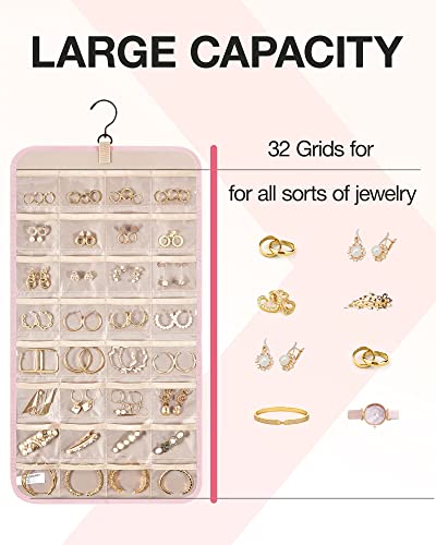 BAGSMART Hanging Jewelry Organizer Storage Roll with Hanger Metal Hooks Double-Sided Jewelry Holder for Earrings, Necklaces, Rings on Closet, Wall, Door, 1 piece, Medium, Pink - color: Pink, size: Medium
