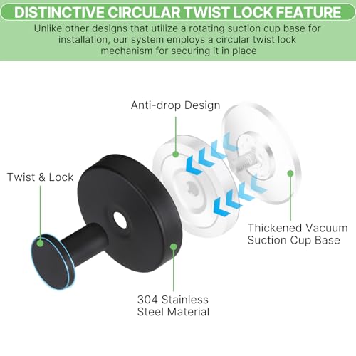 Black Waterproof Suction Cup Hooks, 2-Pack Heavy Duty Stainless Steel No Drill Shower Hooks for Hanging Towels, Robes, Loofahs, Holder Holds Strong on Tile, Glass, Mirror, Wall, Bathroom Door - color: black-2pcs