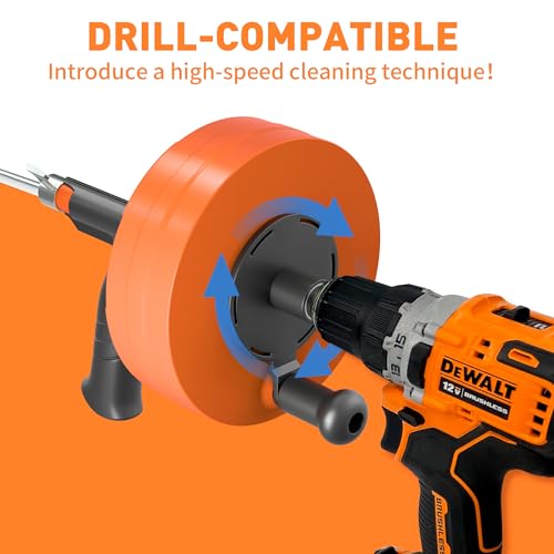 BACOENG 33Ft Drain Auger, Heavy Duty Plumbing Snake with Drill Adapter, Use Manually or Powered for Drain Clog, Shower Sink, Comes with Gloves and Bag (Orange) - color: Orange-33FT