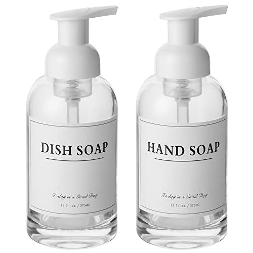 rejomiik 2 Pack Foaming Soap Dispenser Thick Glass Foam Hand Soap Dispenser for Bathroom or Kitchen Sink, 13 oz Clear Pump Bottles for Hand soap, Body Wash, White - color: White