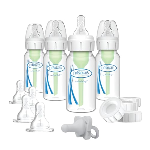 Dr. Brown's Anti-Colic Options+ Narrow Breast to Bottle Pump and Store Feeding Set with Slow Flow Nipples, Baby Bottle Travel Caps and 100% Silicone HappyPaci One-Piece Pacifier - color: Clear