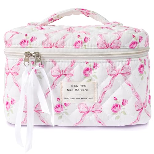 Sminra Makeup Bag Large Travel Quilted Cosmetic Bag Organizer, Floral Cotton Coquette Aesthetic Toiletry Bag Gift for Women Girls (Pink Bow Flowers-L) - color: Pink Bow Flowers-L